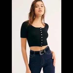 Free People Black Button-Front Crop Top